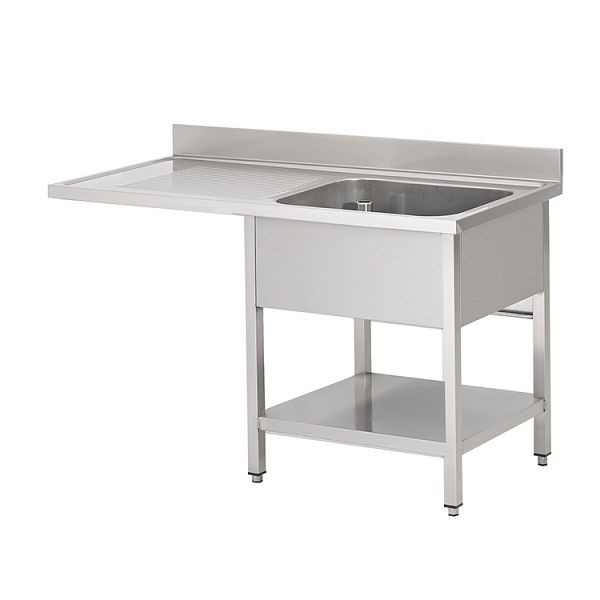 Gastro-Inox Spültisch mit rechts 1 Becken, Grundboden und Platz für Geschirrspüler, 1200mm, komplett mit Überlaufrohr und Ablaufventil, 305.513