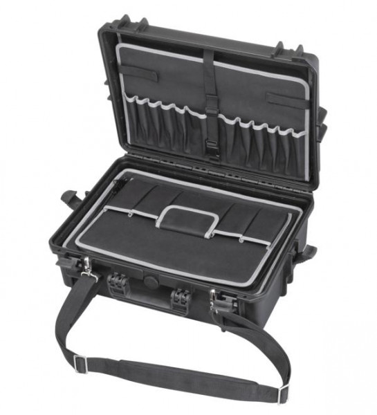 MAX wasser- und staubdichter Kunststoffkoffer in schwarz, mit eingesetzter Werkzeugtasche, MAX505TC
