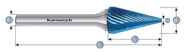 Karnasch Hartmetall-Frässtift Blue-Tec beschichtet SKM/ HP-2 d1=6 / l2=20 / d2=6 / l1=50mm, VE: 3 Stück, 115090030