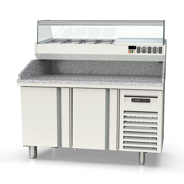 Vaiotec TOPLINE Pizzatisch 800 / 2-fach mit Türen, EN 60x40, Granitplatte grau, inkl. Kühlaufsatz, GN 1/4, Breite: 1495 mm, 11629