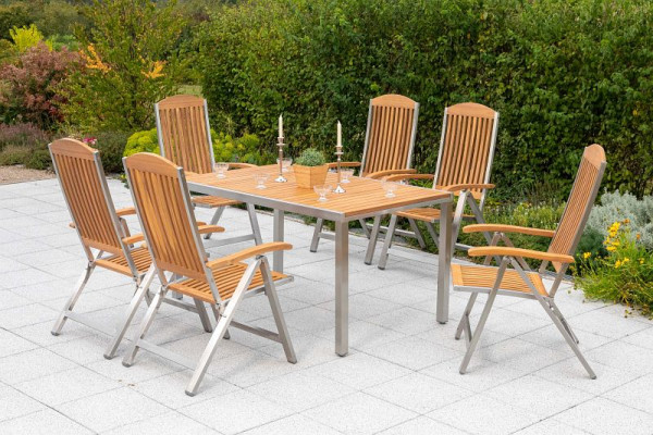 Merxx Keros Set 7-teilig, 6 Klappsessel, Rückenlehne 5-fach verstellbar, 1 Tisch, 150 x 90 cm, Edelstahl mit FSC Akazienholz, 50242-011