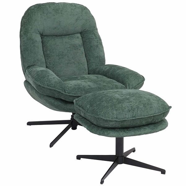 Mendler Relaxsessel mit Hocker HWC-P32, Fernsehsessel Nosagfederung, drehbar Metall Stoff/Textil Chenille (370 g/m²), grün, 118702+118706