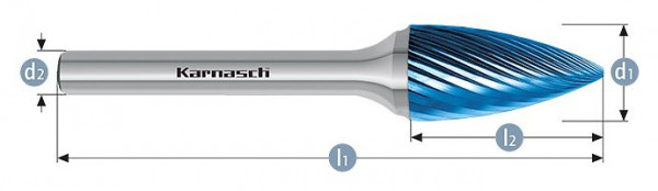Karnasch Hartmetall-Frässtift Blue-Tec beschichtet SPG/ HP-2 d1=6 / l2=12 / d2=3/ l1=44mm, VE: 3 Stück, 115060030