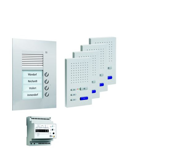 TCS Türkontrollsystem audio:pack UP für 4 Wohneinheiten, mit Außenstation PUK 4 Klingeltasten, 4x Freisprecher ISW3030, Steuergerät BVS20, PPUF04-EN/02