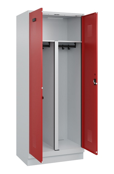 C+P PSA Schwarz-Weiß-Spind Evolo PLUS, mit Sockel, 2 Abteile, 1950x800x500mm, 70, Frontfarbe RAL 3000 feuerrot, Zylinderschloss, 049022-22P S10030