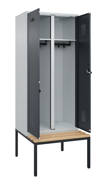 C+P Schwarz-Weiß-Spind Evolo PLUS, Bank, 2 Abteile, 2120x800x815mm, 7035/7016, Drehriegel, Sitzfläche Buche-Hartholz, Sitzbank, 0490527-22 S10012