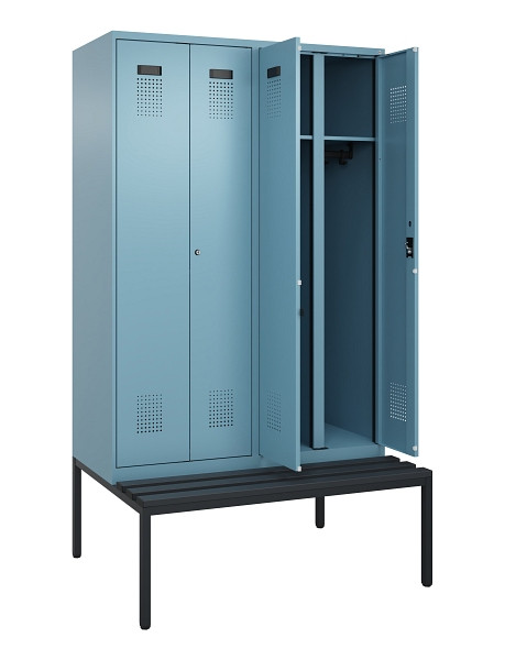 C+P Schwarz-Weiß-Spind Evolo PLUS, Bank, 4 Abteile, 2120x1200x815mm, 0010/0010, Zylinderschloss, Sitzfläche Kunststoff, Sitzbank, 0490527-40 S10101