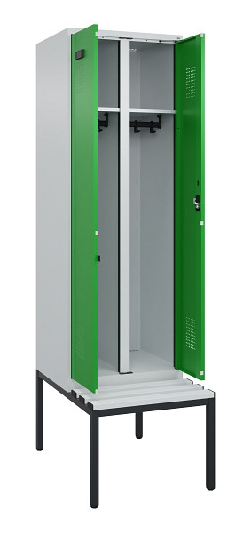 C+P Schwarz-Weiß-Spind Evolo PLUS, Bank, 2 Abteile, 2120x600x815mm, 7035/6037, Zylinderschloss, Sitzfläche Kunststoff, Sitzbank, 0490527-20 S10092