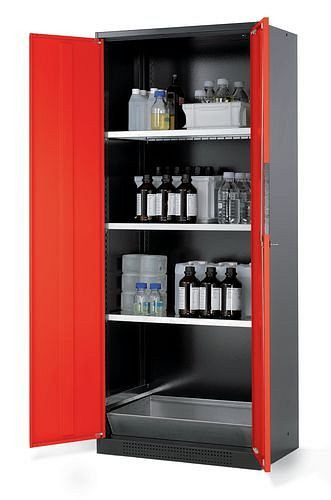 asecos Chemikalienschrank Systema CS-83, Korpus anthrazit, rot, 3 Einlegeböden und Bodenwanne, 202592