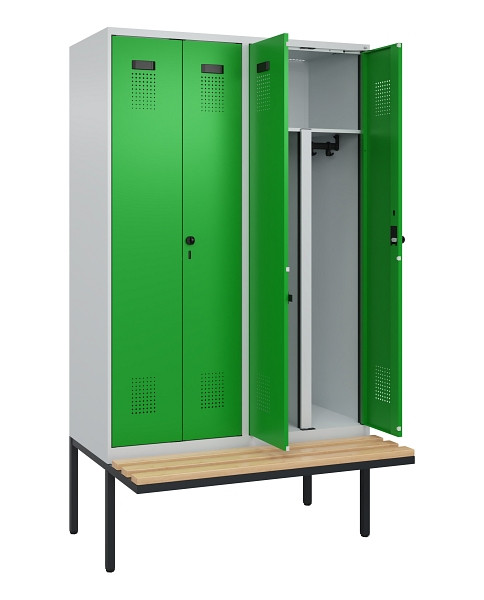 C+P PSA Doppel-Spind Evolo PLUS, Bank, 4 Abteile, 2120x1200x815mm, 7035/6037, Drehriegel, Sitzfläche Holz, 0490427-40P S10011