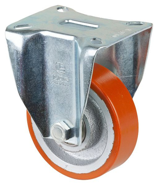 BS Rollen Schwerlastrolle, Bockrolle, Rad-Breite 30 mm, Rad-Ø 100 mm, Tragfähigkeit 300 kg, Guss-Polyurethan 95 Shore A, Guss, Kugellager, N110.C10.101