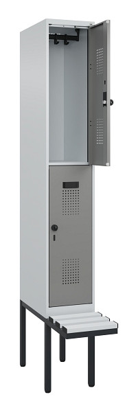 C+P Doppelstock-Spind Evolo PLUS, Bank, 2 Fächer, 2120x300x815mm, 7035/0004, Drehriegel, Sitzfläche Kunststoff, 0493407-10 S10095