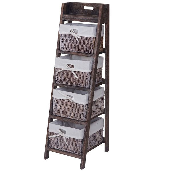 Mendler Leiterregal Goiana, Regal Standregal mit 4 Korbschubladen 101x30cm, Shabby-Look, Vintage, braun, 50775