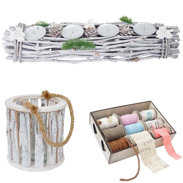 Mendler 3er Set Windlicht + Bänder + Gesteck, Deko-Box Bänderbox 9 Rollen Geschenkband Kerzenhalter mit Glaseinsatz, 51912+51916+51909