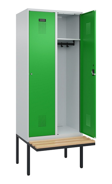 C+P Spind Evolo PLUS, 2 Abteile, 2120x800x815mm, 7035/6037, Haken 4, Zylinderschloss, Sitzfläche Holz, 0490407-22 S10038