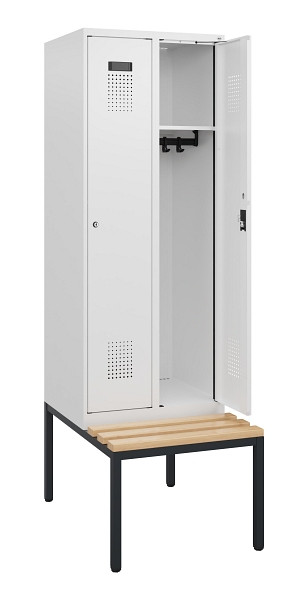 C+P Spind Evolo PLUS, 2 Abteile, 1950x600x815mm, 9016/9016, Zylinderschloss, Sitzfläche Holz, Sitzbank, 0490505-20 S10047