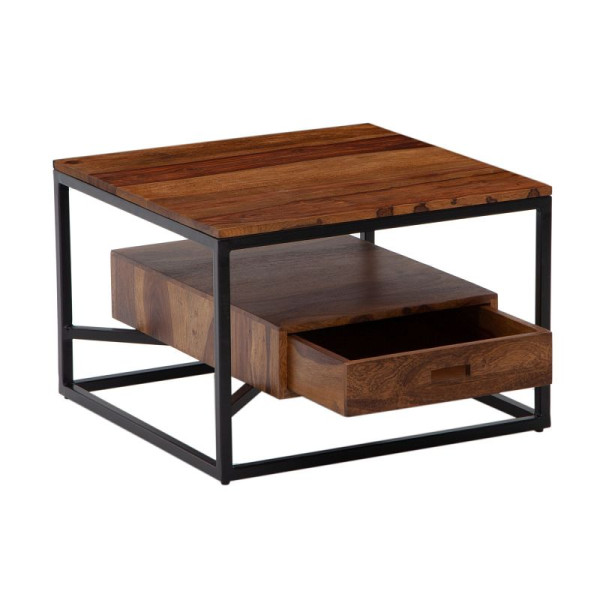 Wohnling Couchtisch 60x60x40 cm Sheesham Massivholz/Metall Sofatisch Quadratisch, Design Wohnzimmertisch Kaffeetisch Massiv mit Schublade, WL6.721