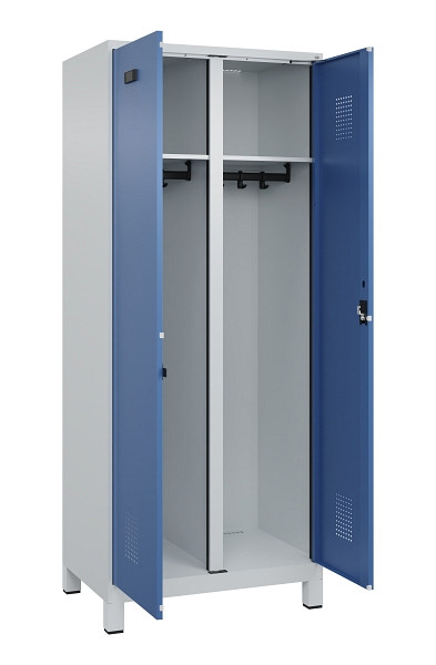 C+P Schwarz-Weiß-Spind Evolo PLUS, mit Füßen, 2 Abteile, 1950x800x500mm, 7035/5, Frontfarbe RAL 5023 Fernblau, Zylinderschloss, 049012-22 S10035