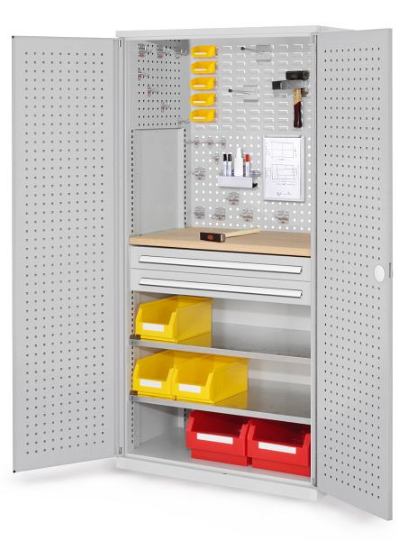 Kappes RasterPlan Schubladenschrank, Modell 14, RAL 7035, Türinnenseite: Lochplatten, 1950 x 1000 x 600 mm, 2 Schubladen H 100 mm, 1460.04.3013