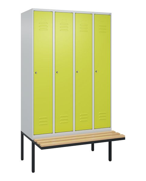 C+P Umkleidespind Classic PLUS, 4 Abteile, 2120x1200x815mm, 7035/0024, Zylinderschlösser, Buche-Sitzleisten, je 2 Doppel-Haken, 0800407-40F S10054