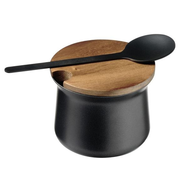 APS Zuckerdose mit Löffel - 18/8 Edelstahl/Akazienholz, Ø 8 cm, Höhe 6,5 cm, Antihaftbeschichtung, 00633