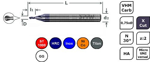 SPPW Micro-Radiusfräser VHM+X.Cut 0,75xØ L: 39x0,30 z:2 d3 Ø0,40, 6785210040