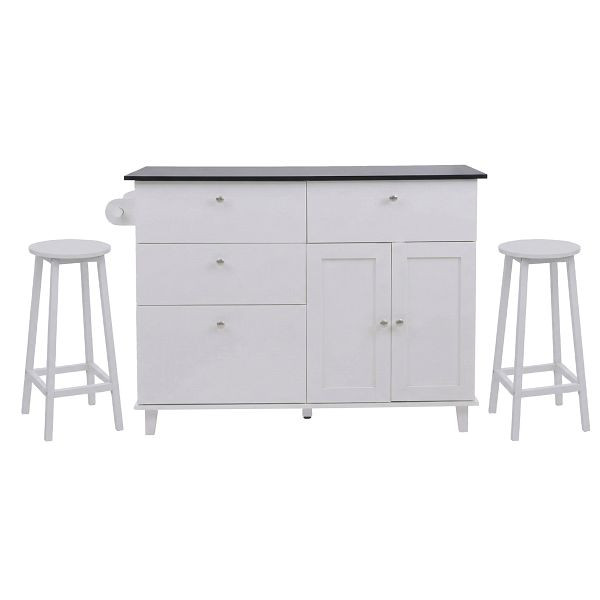 Mendler Kücheninsel HWC-P62 mit 2 Sitzhockern, Küchenschrank Schublade Staufächer MDF 90x131x47cm, weiß, Marmor-Optik schwarz, 130695+130696