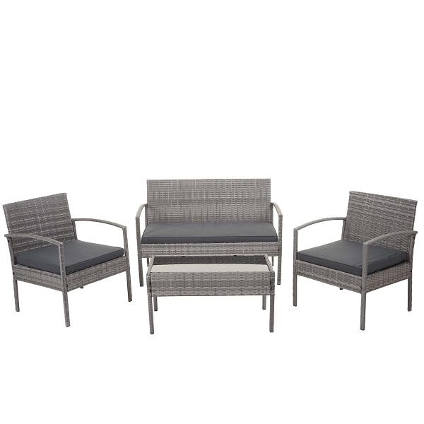 Mendler Poly-Rattan Garnitur HWC-F56, Balkon-/Garten-/Lounge-Set Sitzgruppe, grau, Kissen dunkelgrau, 76128