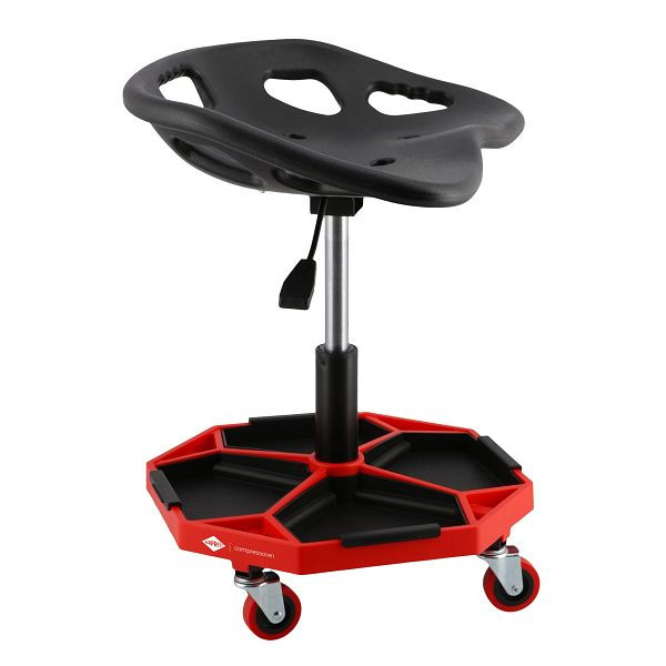 Airpress Drehhocker mit mechanischer Werkzeugablage, Werkstattstuhl auf Rollen, Höhenverstellbar 41-55 cm, Tragfähigkeit 135 kg, 79659