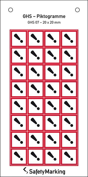 SafetyMarking GHS-Gefahrenpiktogramm, Symbol 07: Ausrufezeichen, BxH 2x2 cm, Folie, selbstklebend, VE: 32 Stück/Bogen, 30.3550-07