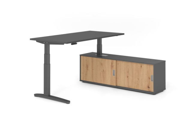 Hammerbacher Schreibtisch XBHM16, 160x80cm, Platte: Graphit, 25mm dick, C-Fuß Gestell Graphit, Höhe: 65 - 129 cm, Graphit / Asteiche, VXBHM16SB/G/G/G/R