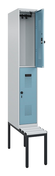 C+P Doppelstock-Spind Evolo PLUS, Bank, 2 Fächer, 2120x300x815mm, 7035/0010, Drehriegel, Sitzfläche Kunststoff, Sitzbank, 0493507-10 S10090