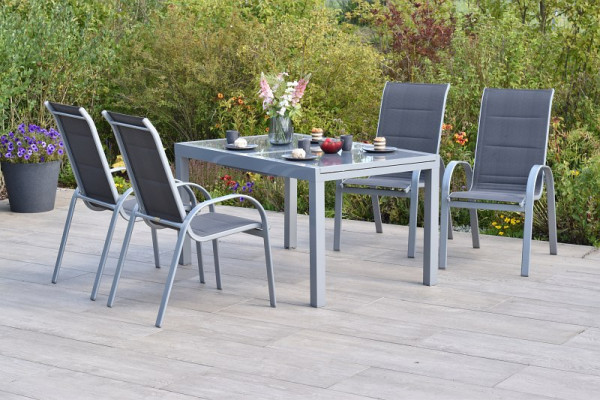 Merxx Amalfi di Lusso Set 5-teilig, anthrazit, 4 Amalfi di Lusso Stapelsessel, 1 Ausziehtisch 160 (220) x 90 cm, Silber/anthrazit, 50875-307