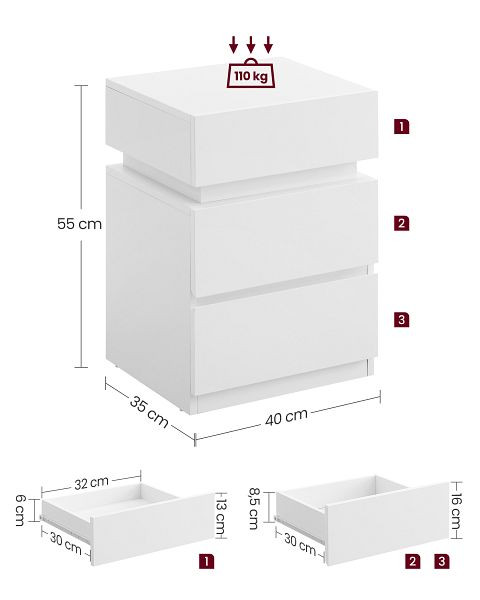 VASAGLE Nachttisch, Weiß, 40x35x55 cm, Maximal totale statische Last: 110 kg, LET630T10