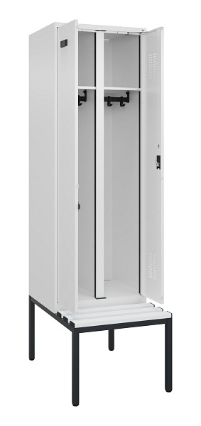 C+P Schwarz-Weiß-Spind Evolo PLUS, Bank, 2 Abteile, 2120x600x815mm, 9016/9016, Zylinderschloss, Sitzfläche Kunststoff, Sitzbank, 0490527-20 S10100