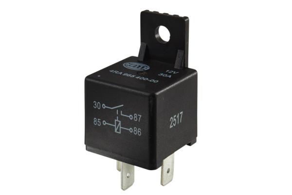 HELLA Relais, Arbeitsstrom, 12V, 4-polig, Schaltbild: S1, Stecker: A, Schließer, Farbe: schwarz, mit Halter, 4RA 965 400-001