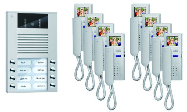 TCS Türkontrollsystem video:pack AP für 8 Wohneinheiten, mit Außenstation AVE 8 Klingeltasten, 8x Video Türtelefon IVH3222, Steuerung, PVE1580-0010