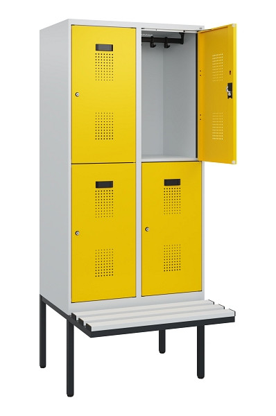 C+P Doppelstock-Spind Evolo PLUS, Bank, 4 Fächer, 1950x800x815mm, 7035/1023, Zylinderschloss, Sitzfläche Kunststoff, 0493405-22 S10136