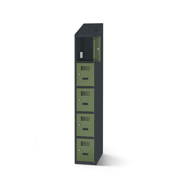 Rotstahl Fächerschrank, 5 Fächer, kurzer Sockel, mit Ladefunktion, Schrägdach, Korpus: anthrazitgrau, Türen: resedagrün, 2180-010500-0301112-7016-6011