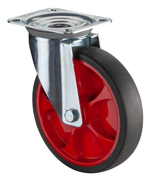 BS Rollen Transportrolle Lenkrolle, thermoplastisches Gummirad, Reifen grau, Felge rot, Rollenlager, Platte, Durchmesser: 200 mm, L400.B44.201.03