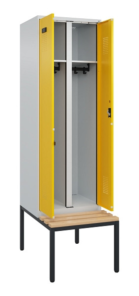 C+P Schwarz-Weiß-Spind Evolo PLUS, Bank, 2 Abteile, 2120x600x815mm, 7035/1023, Zylinderschloss, Sitzfläche Buche-Hartholz, Sitzbank, 0490527-20 S10028