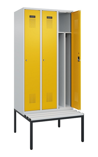 C+P Spind Evolo PLUS, 3 Abteile, 2120x900x815mm, 7035/1004, Haken 4, Zylinderschloss, Sitzfläche Kunststoff, Sitzbank, 0490507-30F S10081