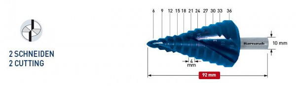 Karnasch Stufenbohrer HSS-XE Spiral genutet - 2 Schneiden 6-36mm, 201450U