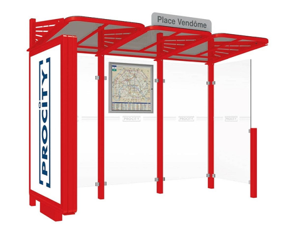 Procity Wartehalle Convi® - Standard - 1 Beleuchteter Caisson Links + 1 Seitenverkleidung Rechts, Farbe RAL 3020, 529388.3020
