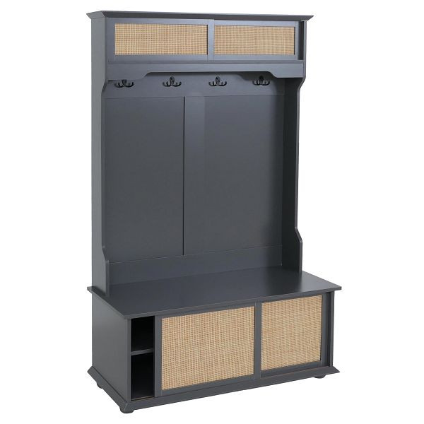 Mendler Garderobe HWC-P25, Flurgarderobe Holzgarderobe, Melamin Kubu Rattan 163x100x47cm, dunkelgrau, 118658+118659