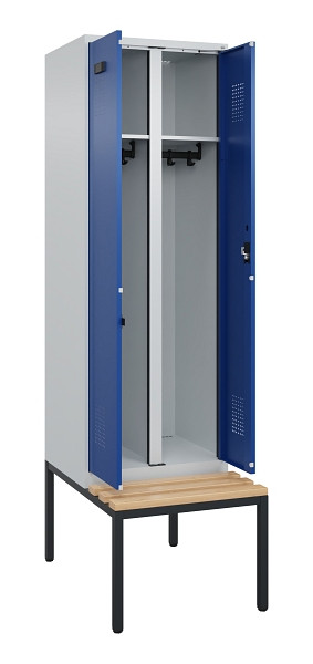 C+P Schwarz-Weiß-Spind Evolo PLUS, Bank, 2 Abteile, 2120x600x815mm, 7035/5010, Zylinderschloss, Sitzfläche Buche-Hartholz, Sitzbank, 0490527-20 S10033