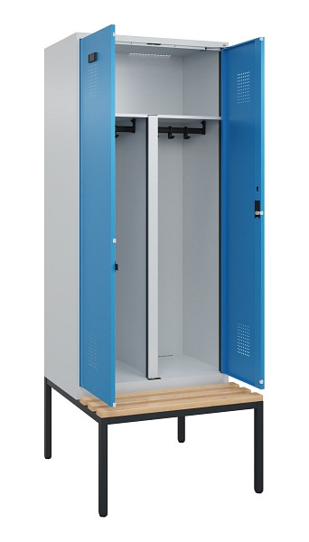 C+P PSA Doppel-Spind Evolo PLUS, Bank, 2 Abteile, 2120x800x815mm, 7035/5012, Zylinderschloss, Sitzfläche Buche-Hartholz, Sitzbank, 0490527-22P S10034