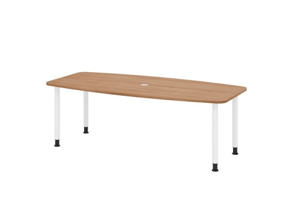Hammerbacher Konferenztisch KT22C, 220 x 105 cm, Platte: Nussbaum, 25mm dick, Vier-Fuß-Gestell Weiß, Rundrohr 6 cm, Arbeitshöhe 72-74 cm, VKT22C/N/W