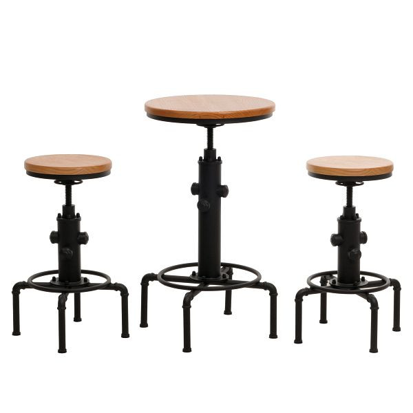 Mendler Set Bartisch + 2x Barhocker HWC-N23, Barstuhl Stehtisch höhenverstellbar drehbar Fußablage Industrial Eisen Holz, natur, 106035+105971