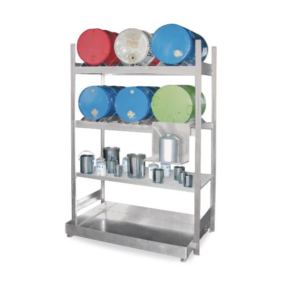 hofe Fass-Abfüll-Regal Anbauregal, 2000 X 635 X 1360 mm, verzinkt 2 Fachebenen mit je 3 Auflagen Für 50/60 Liter Fässer, 1 Gitterostebene, HZA206013FG